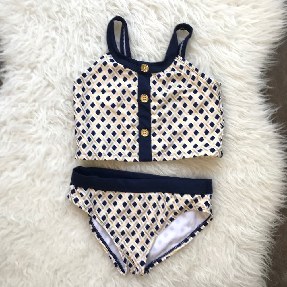 Gymboree 2 piece Swimsuit Navy Gold Diamonds 7